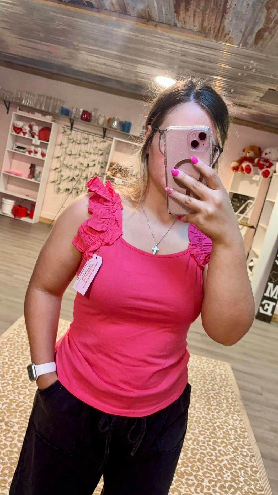 Pink ruffled tank